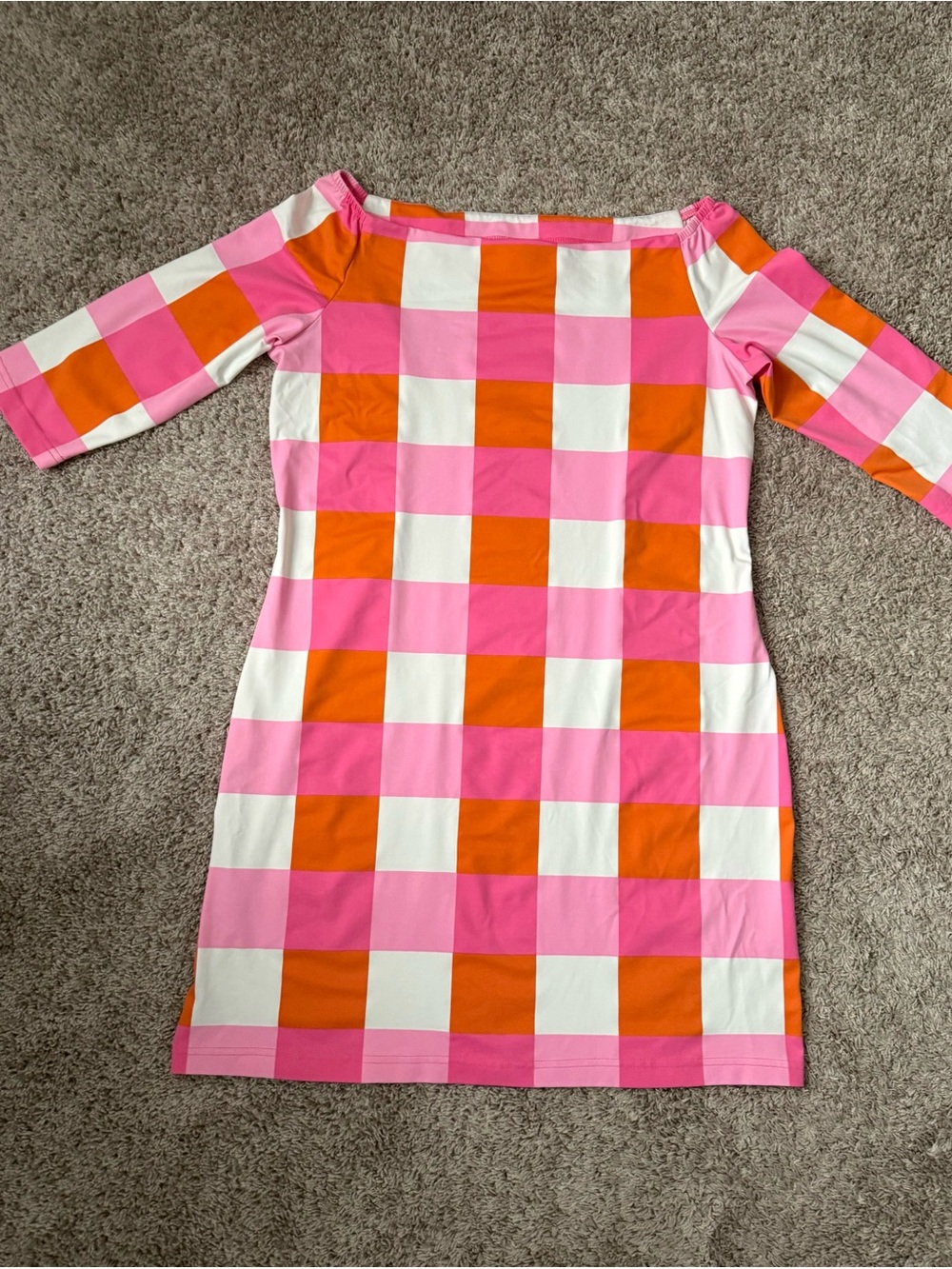 Sailor-Sailor Islander Dress L Pink Orange Check Off Shoulder Stretch Made USA